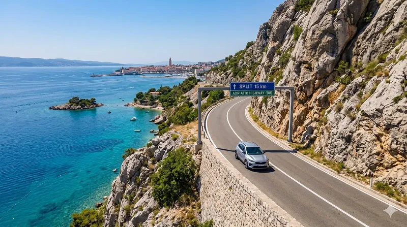 >Car driving on the coastal road towards Split