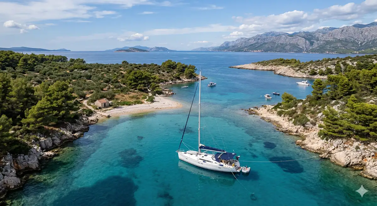 Sailing yacht anchored in a Dalmatian bay